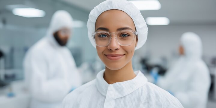 Female scientist in protective gear working in laboratory