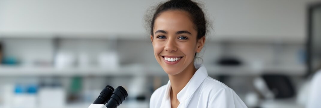Smiling young african female scientist in laboratory with microscope