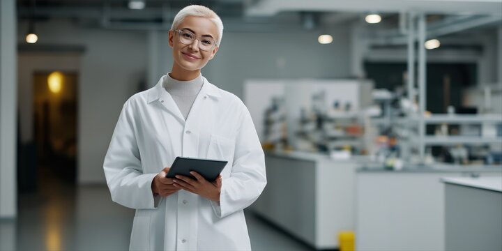 Caucasian female scientist in laboratory holding tablet technology and research - Powered by Adobe