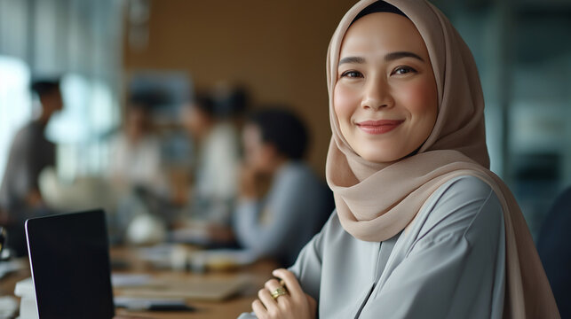 Faceless Muslim business woman collaborating with colleague office planning meeting professional teamwork training and coaching session workplace discussion corporate