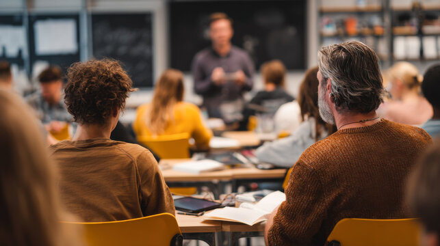 Adult education class with students attending lecture in modern classroom