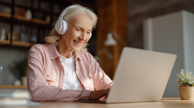 Happy senior woman using laptop and headphones at home, concept of learning and digital connection