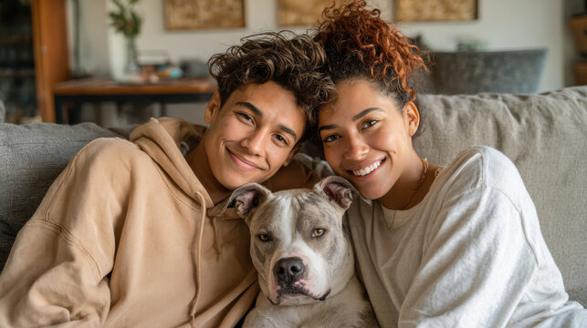 Happy young couple relaxing with dog on sofa at home