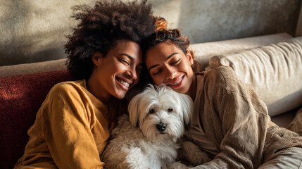 Two smiling women cuddling with white dog on comfortable sofa