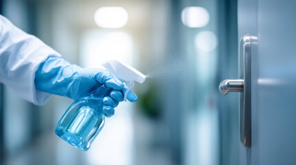 Disinfecting door handle with spray bottle, concept of hygiene and cleanliness in healthcare or workplace
