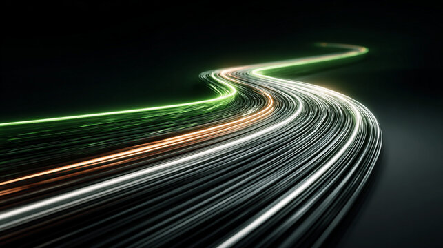 Financial growth concept visualized with a green arrow light trail soaring upward representing profit increase, economic success, business progress, investment growth, and dynamic futuristic visualiza