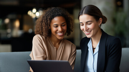 Experienced professional and younger faceless colleague discussing project on comfortable seating defocused modern workplace lounge background mentoring relationship corporate