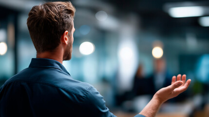 Coaching session focused on personal growth natural light illuminating workspace faceless mentor gesturing encouragingly defocused office interior background professional