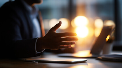 Coaching session focused on personal growth natural light illuminating workspace faceless mentor gesturing encouragingly defocused office interior background professional