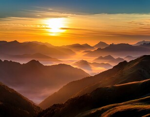 golden sunrise over misty mountain ranges
