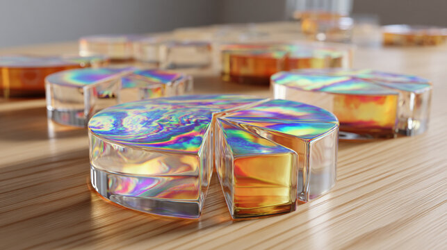 Floating holographic pie charts hover above a desk, glowing with futuristic analytics. The scene conveys digital data visualization, clarity, insight, and modern workspace innovation.
