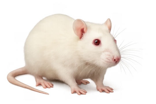 White laboratory rat with red eyes for science research, medical experiment, and scientific testing transparent background