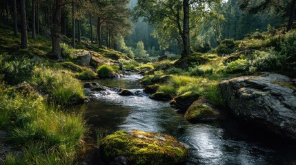 Obraz premium Quiet Forest Stream with Green Moss in Soft Morning Light
