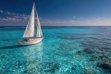Fototapeta premium Elegant Sailboat on Calm Blue Water Under Sunny Sky