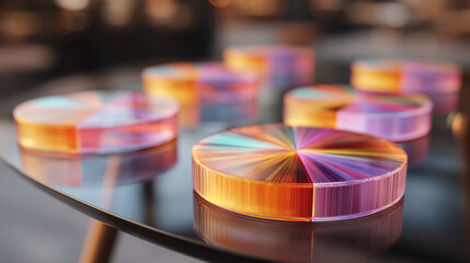 Floating holographic pie charts hover above a desk, glowing with futuristic analytics. The scene conveys digital data visualization, clarity, insight, and modern workspace innovation.
