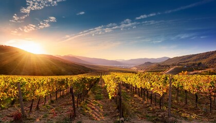 vineyard rows at sunrise scenic landscape with mountains and glowing vine leaves