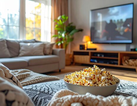 Home videos evening setup with popcorn and modern TV, cozy living room scene for movie night, streaming and family entertainment at home.