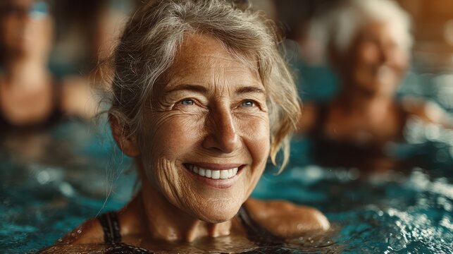 Happy Elderly Woman in Water Aerobics Surrounded by Friends