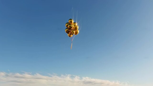 This uplifting video captures a bunch of golden balloons drifting gracefully into a clear blue sky. The balloons symbolize joy and freedom, evoking a sense of celebration and delight as they float hig