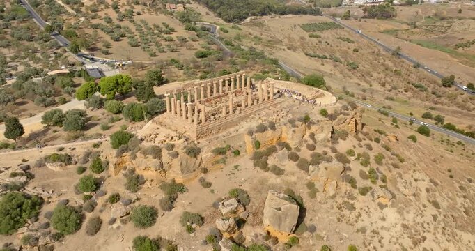 Aerial view of the Temple of Hera (or Roman Juno), located in Agrigento, Sicily, Italy. Known as Temple D, it's a Greek temple in the Valley of the Temples, a section of ancient Greek city of Akragas.