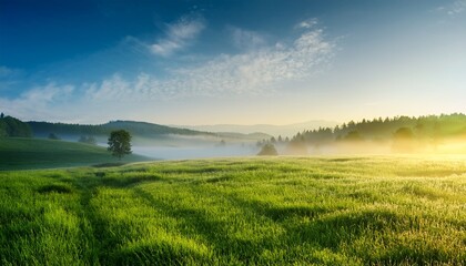 lush green grass field covered with mist in the morning