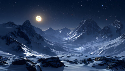 Bright full moon shines over snowy mountain peaks and valleys at night. Stars dot the clear blue sky above dark, cold, vast wilderness