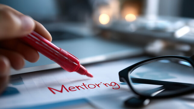 Mentoring crossword concept with red marker business desk overhead view professional development vocabulary corporate training visual learning concept educational business