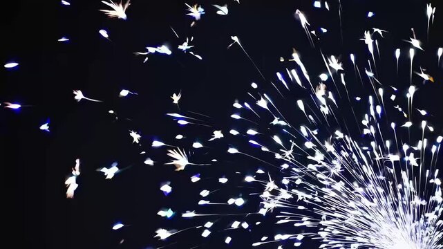 This captivating video features a spectacular burst of white sparks emerging against a dark background. The dynamic movement and radiant glow create an exhilarating atmosphere, inviting viewers to exp