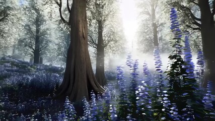 This enchanting video captures a dreamy forest scene filled with vibrant blue flowers and towering trees. Sunlight filters through the mist, creating a serene atmosphere that invites viewers to wander