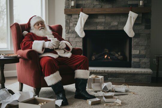 Tired Santa Claus resting in an armchair by a cozy fireplace. Exhausted Father Christmas sleeping at home after delivering presents on Christmas morning