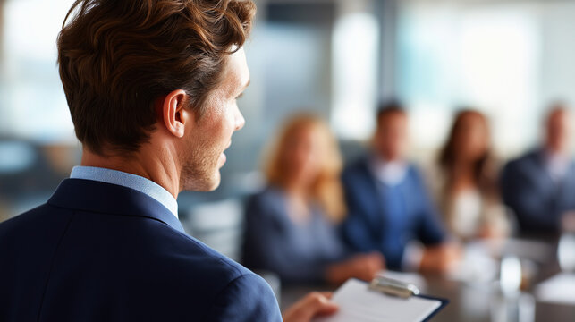 Man presenting in boardroom with faceless coworkers corporate business seminar professional meeting financial training company growth discussion teamwork leadership workshop