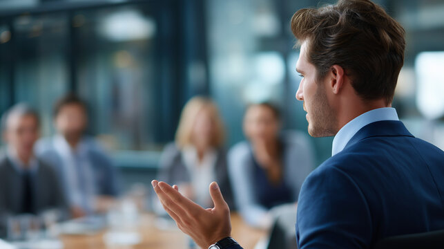 Man presenting in boardroom with faceless coworkers corporate business seminar professional meeting financial training company growth discussion teamwork leadership workshop - Powered by Adobe