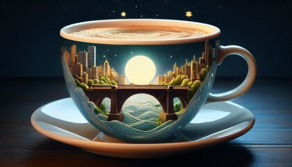 a fantastical cityscape formed within a coffee cup with a train bridge illuminated beneath a bright moon