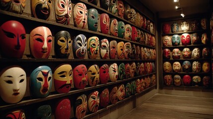 Colorful masks adorn the walls of a gallery, showcasing unique designs and cultural significance in an artistic display