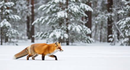 Fototapeta premium red fox running on the snow