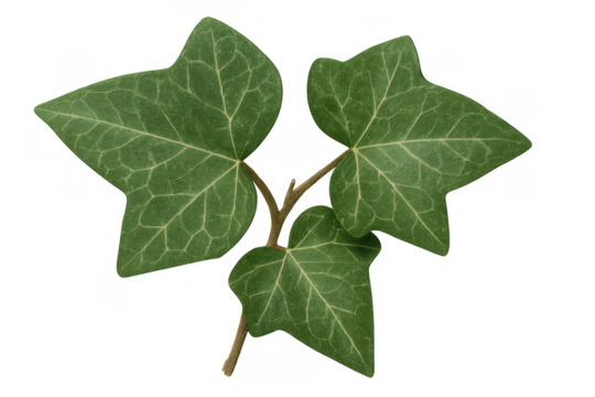 Green ivy plant sprig with three leaves and stem on transparent background for nature designs