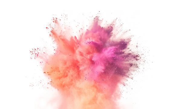 Vibrant orange pink dust powder explosion effect isolated PNG cutout, transparent background. Fun, colorful, dynamic mushroom blast, celebration, party, festival graphic element