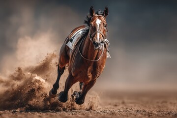 Jockey and Racehorse Pushing Limits on a Dusty Racetrack