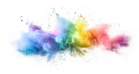 Vibrant rainbow dust powder cloud effect isolated PNG cutout, transparent background. Fun, colorful, dynamic blast, celebration, party, festival graphic element