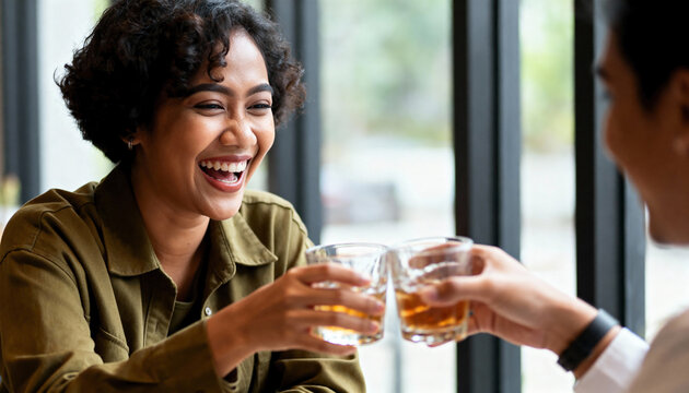 Happy woman laughing while toasting with a colleague in a bar. Friends celebrating with glasses of whiskey after work - Powered by Adobe