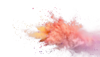 Vibrant dynamic orange dust powder explosion effect isolated PNG cutout, transparent background. Fun, colorful blast, celebration, party, festival graphic element