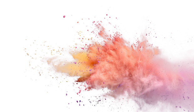Vibrant dynamic orange dust powder explosion effect isolated PNG cutout, transparent background. Fun, colorful blast, celebration, party, festival graphic element