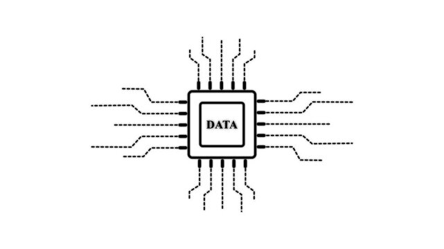 Technology multicolor DATA circuit board background. Computer motherboard with cpu icon , DATA text and circuit lines icon animation, on a white background