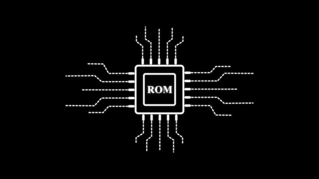 Technology multicolor CPU circuit board background. Computer motherboard with cpu icon , ROM text and circuit lines icon animation, on a black background