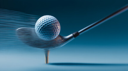 Golf ball on tee, club head angled to create impact, light blue background