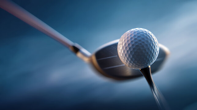 Golf ball on tee, club head angled to create impact, light blue background, empty space - Powered by Adobe