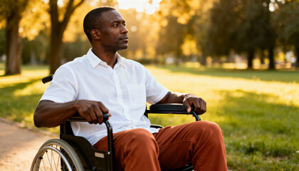 Contemplative Black man in a wheelchair enjoying a moment in a sunlit park. Person with a disability outdoors during the golden hour. Independence and resilience concept