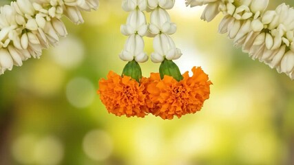 indian festival decoration with marigold and jasmine flower toran. bright floral garland frames doorway for diwali celebration. festive bokeh background with copy space for banner or greeting card.
