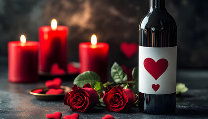 Romantic setup shows red wine bottle adorned with hearts near roses, candles. Ideal image shows love theme perfect for Valentine anniversary celebration