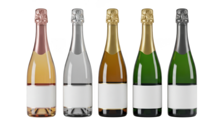 Five bottles of sparkling wine isolated on transparent background transparent background